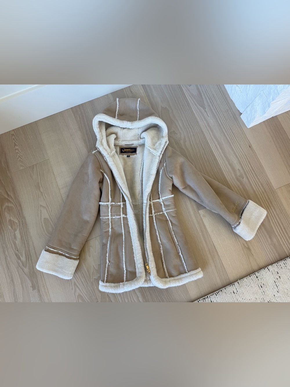 Hawke & Co Taupe Faux-Suede Hooded Coat with Cream Sherpa Trim